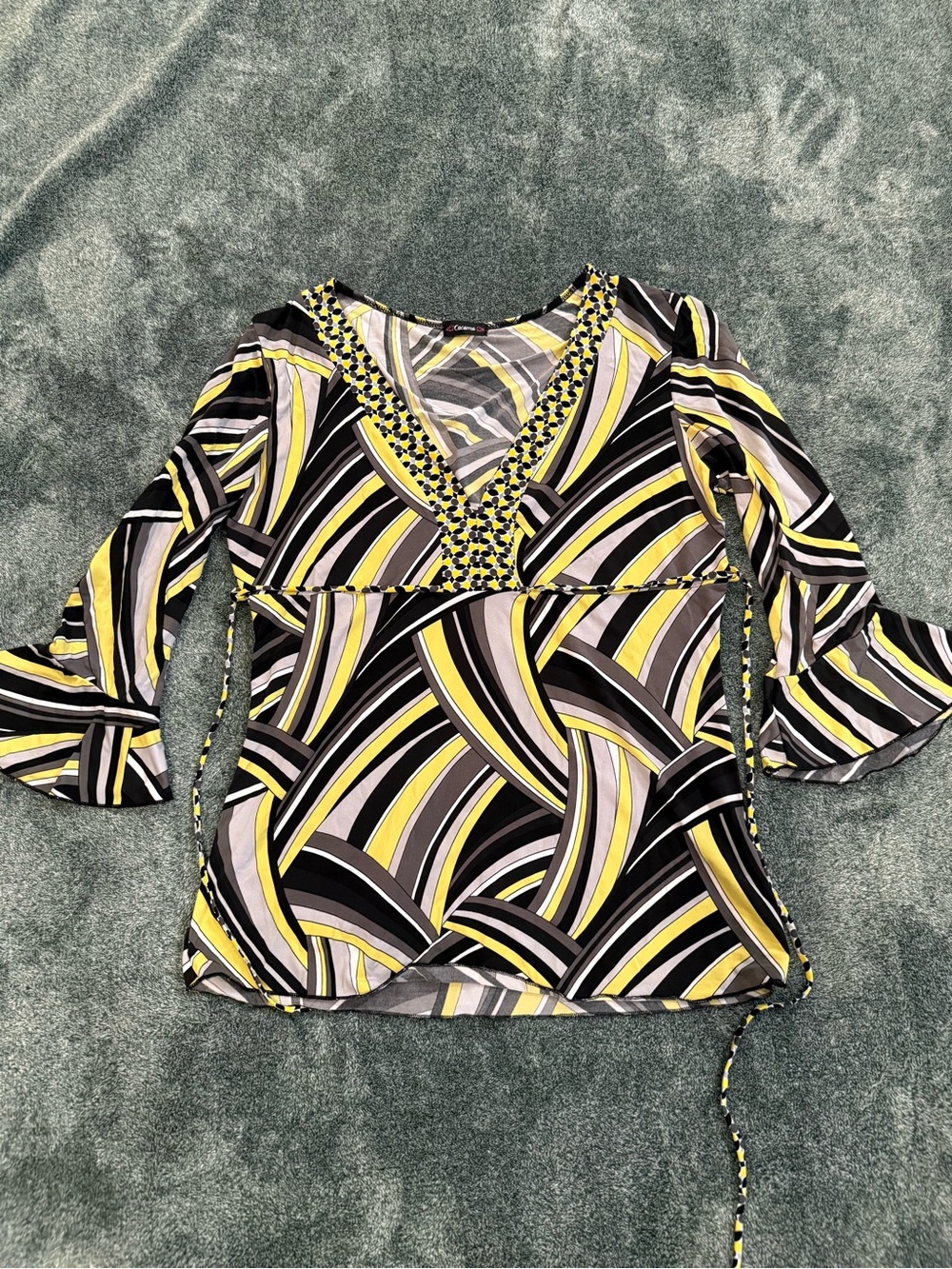 Cocomo Yellow, Black and Gray Swirl V-Neck Blouse